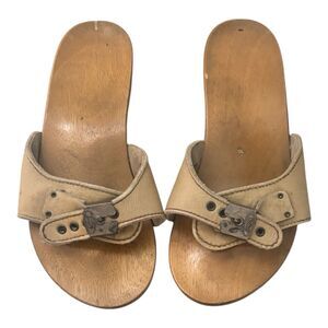 Vintage Dr Scholls Wooden Exercise Sandals Tan Leather Clogs Slide Shoes Sz 7